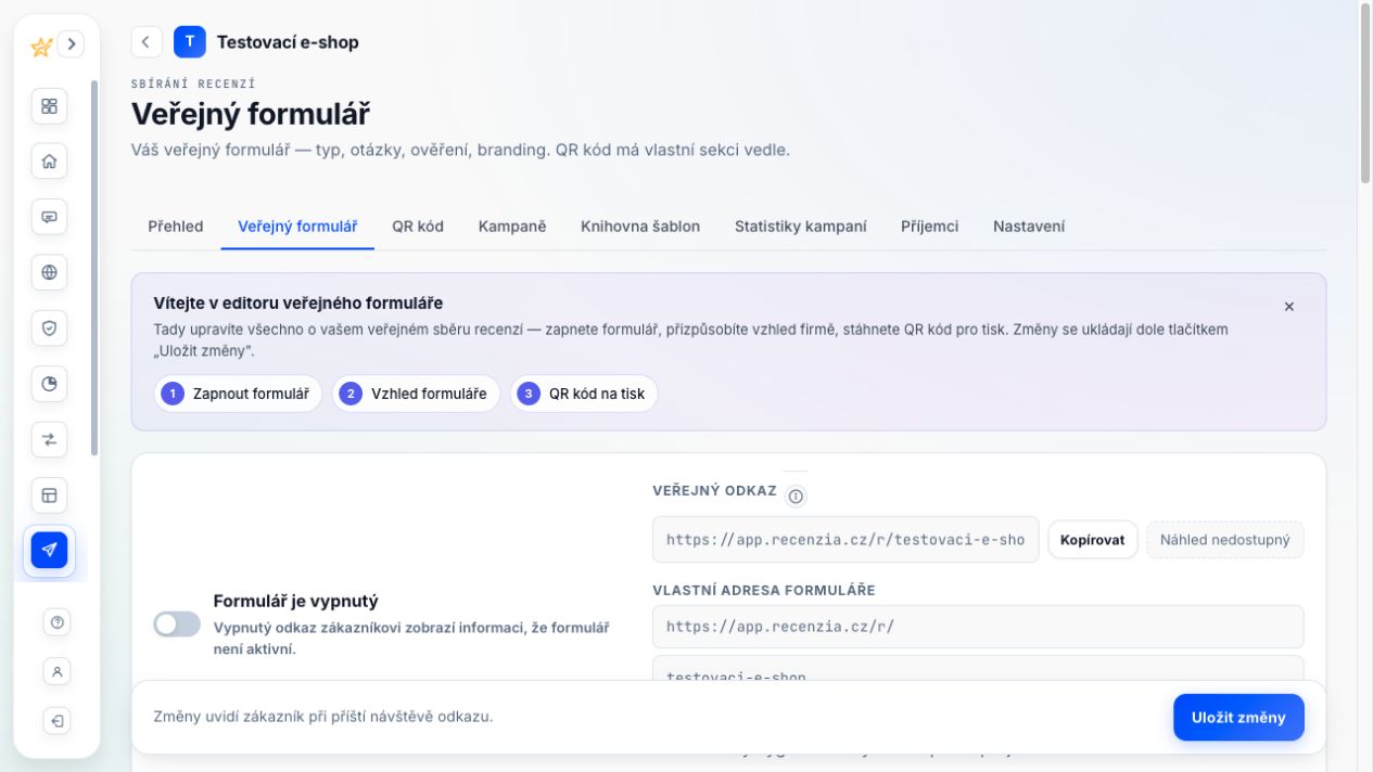 Editor veřejného formuláře v Recenzia.cz s přepínačem aktivace, veřejnou adresou a tlačítkem Uložit změny.