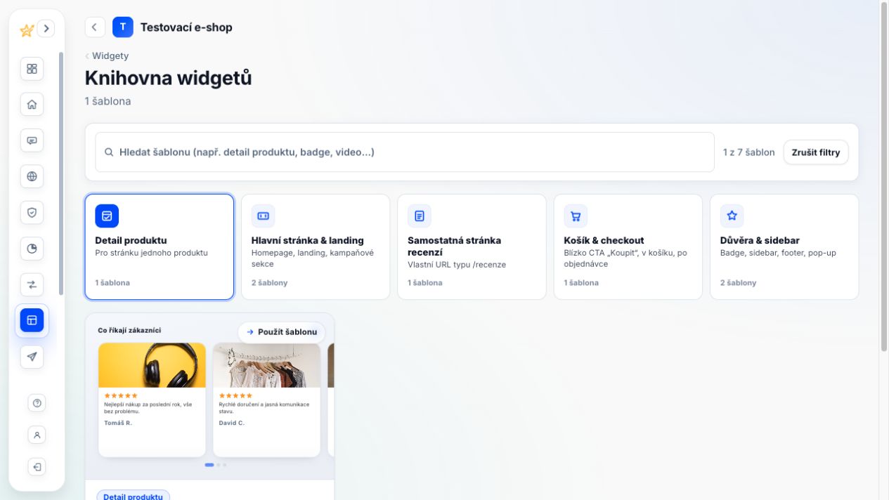 Knihovna widgetů v administraci Recenzia řazená podle umístění na webu