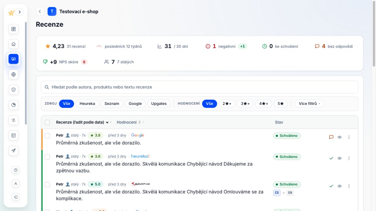 Inbox recenzí v administraci Recenzia: recenze z Googlu, Heureky, Seznamu i Upgates v jednom přehledu